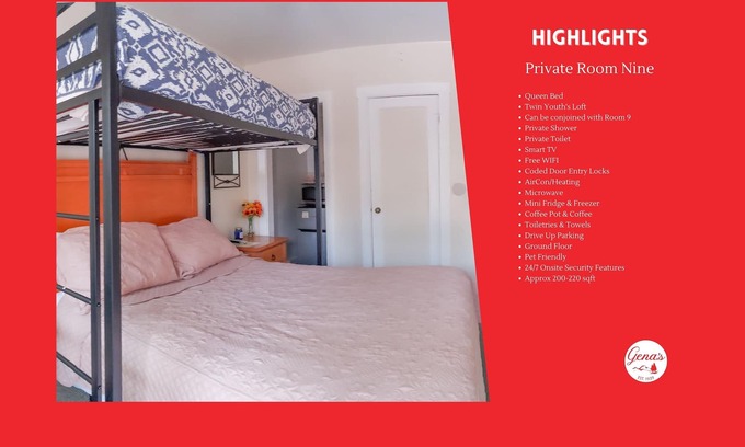 Dunlap Apartamento | Private Room #9: Queen Bed + Youth Twin Loft Bunk & Priv Bath