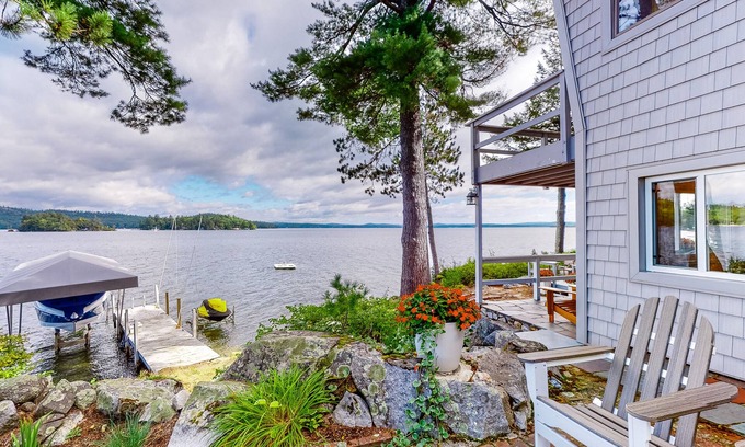Alton Bay Casa | Renovated home with a water view, washer/dryer, AC, deck & wood stove