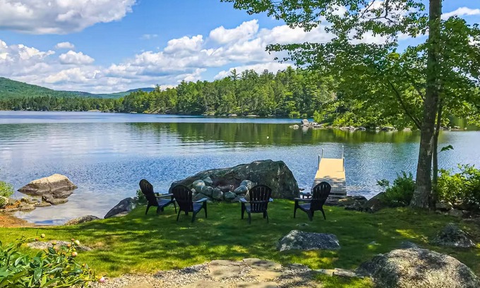 Lucerne-in-Maine Casa | Spacious Lakefront Home with a Sandy Beach, Kayaks, and Stunning Panoramic Views