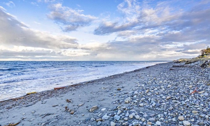 Port Angeles East Casa | Spacious ocean-view home with forest stream, hot tub, & private community beach!