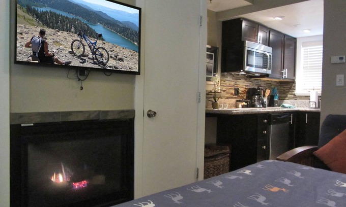 Lakeside Park Cabina | Studio with larger kitchenette, fireplace, and nearby attractions