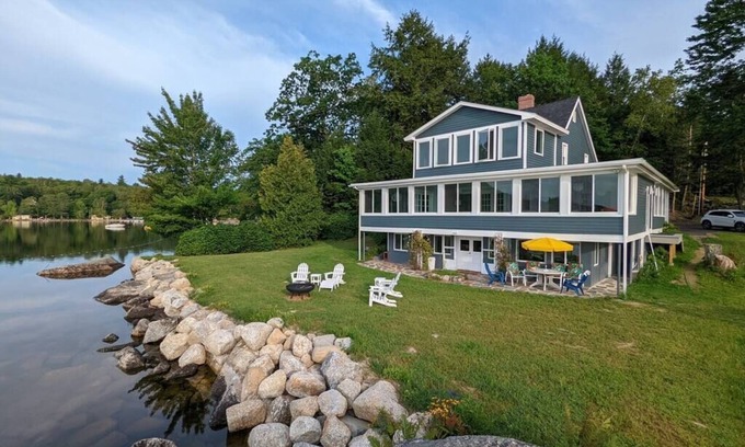 Dedham Cabaña | Stunning lakefront home with 270° water views and private beach near Acadia