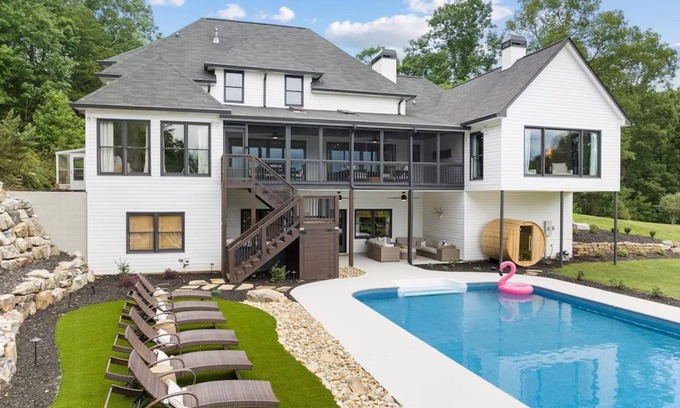 Helen Casa | Stylish mountain view estate with private pool, firepit, two kitchens, & AC