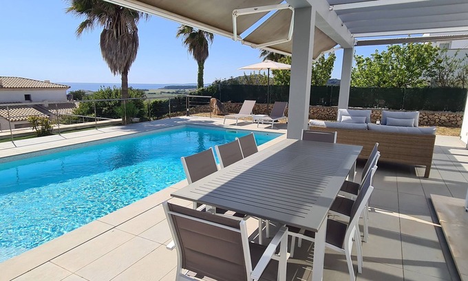 Sant Jaume Mediterrani Casa | Superb modern villa with swimming pool. Magnificent views of Son Bou beach. Beaches on foot