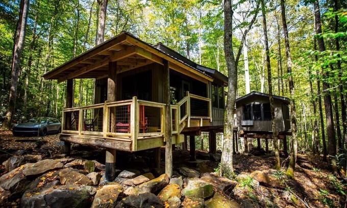 Robbinsville Cabina | Treehouse Over Creek with WiFi, private hiking trails, firepit & swimming hole