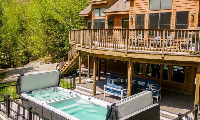 Sunday River Area Casa | Treetop Retreat · Treetop Retreat Swim Spa Game Room Views!