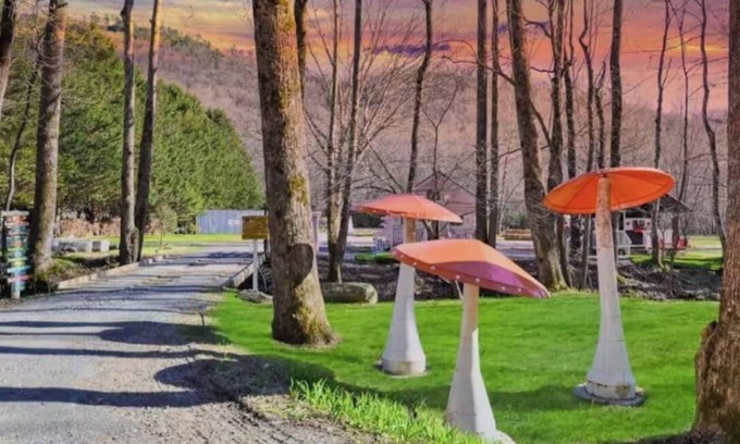 Hayesville Cabaña | Whimsical Sugar Shack in Blue Ridge with Stream, Lollipop Garden & Petting Zoo