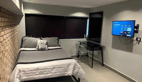 Estudio ejecutivo, 1 cama de matrimonio, cocina básica, vistas a la ciudad