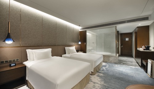 Habitación básica con 2 camas individuales, vistas a la ciudad