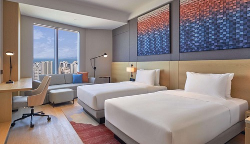Habitación, varias camas, vistas al mar