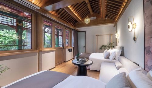 Habitación, 2 camas de matrimonio, vistas al jardín