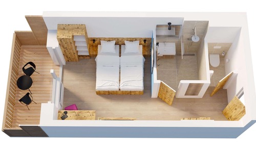 Habitación panorámica con 1 cama doble o 2 individuales, balcón, vistas a la montaña