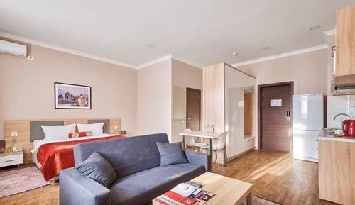 Estudio básico, 1 cama de matrimonio grande con sofá cama, cocina básica