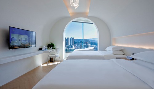 Habitación básica doble, 2 camas individuales, baño privado, vistas a la ciudad