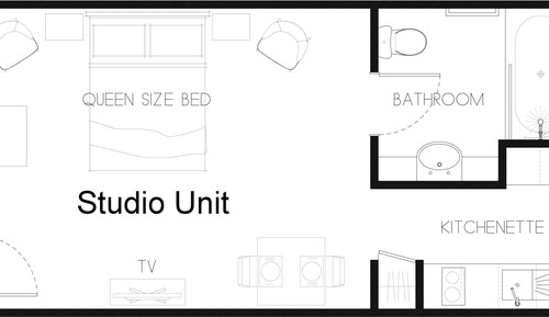 Estudio, 1 cama de matrimonio, cocina básica