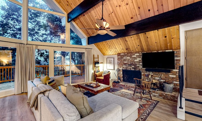 Crestline Casa | Enchanting lake retreat with fireplace, games, & great deck views - dog-friendly